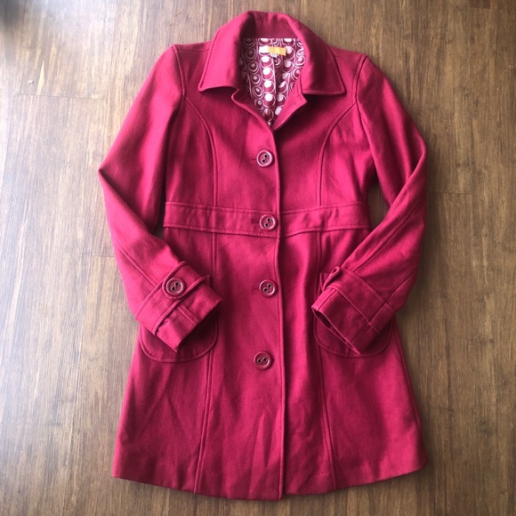 Tulle Red Wool Winter Pea Coat Jacket Medium Butto - Picture 1 of 12